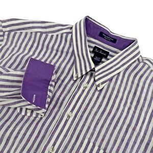 Paul Fredrick Linen Shirt Mens XXLT Purple White Striped Button Down Tall